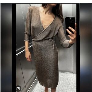 ZARA Metallic Bronze Knit Long Sleeve Dress